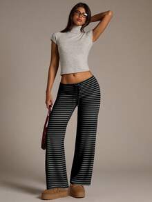 Aloruh بنطلون نسائي جديد ذو خصر منخفض مخطط باللونين الأسود والرمادي، مناسب للخارج والكاجوال والرياضة في فصلي الخريف والشتاء - الأسود - مشاهدة 7