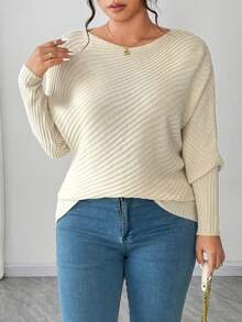 Elenzga Women's Casual Loose Plus Size Off-Shoulder Long Sleeve Sweater, Plus Size, Suitable For Outerwear, Winter - Apricot - View 6