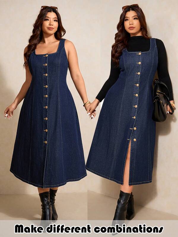 Elaquor Plus Size Blue Denim Dress Autumn And Winter Long Dress Can Be Worn In Two Ways With Metal Buckle Decoration French Elegant Daily Workplace Wear Long Party Dress Wedding Guest Dress
