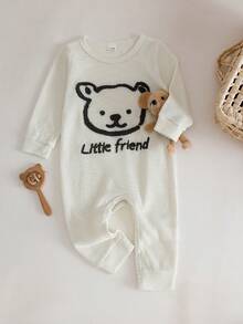 SHEIN 男婴华夫格圆领可爱动物及英文标语刺绣长袖连体衣，秋冬款 - 杏色 - 查看 5