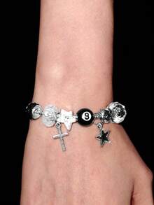 Y2Kool 1 件 8 球台球吊饰可调节手链、1 件星形和十字吊饰手链、1 件豹纹和极简主义吊饰手链、可调节情侣手链 - 銀色 - 查看 3