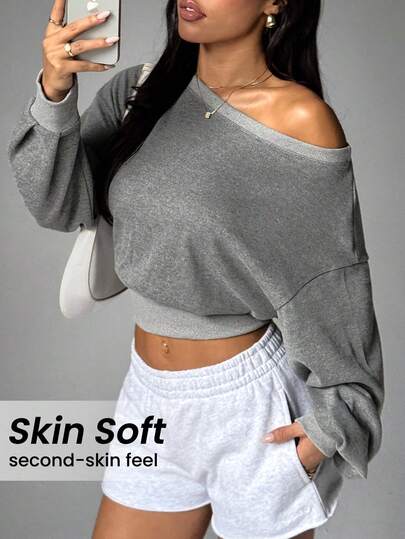 Dewbera 女士休闲日常通勤简约撞色绑带不对称肩部宽松宽下摆短款运动衫，春/秋