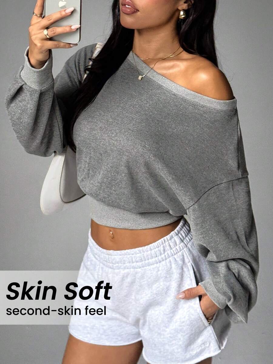 Dewbera 女士休闲日常通勤简约撞色绑带不对称肩部宽松宽下摆短款运动衫，春/秋 - 灰色 - 查看 1