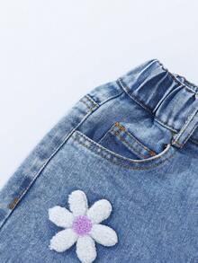 Young Girl Fashion Washed Floral Flocked Flared Jeans With Slant Pockets 90s Purple Girl Lavender - Light Wash - View 7