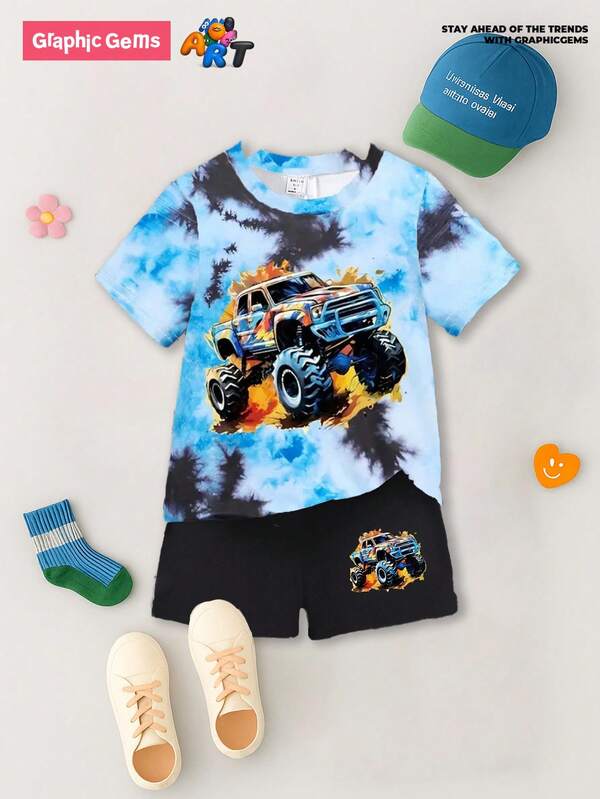 GraphicGems 2pcs/Set Toddler Boys" Custom Short Sleeve T-Shirt And Shorts Outfit, School, Campus, College Summer Holiday