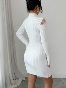 SHEIN Elenzya Damska sukienka midi z przezroczystej organzy na imprezę sylwestrową, biała, świąteczna, jesienno-zimowa, z golfem, prążkowana, elegancka, krótka sukienka sweterkowa