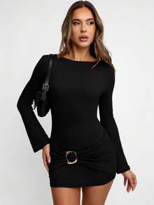 Avenya Minimalist Waist And Buttocks Ruched Patchwork Metal Decoration Coffee Brown Mini Dress, Suitable For Stylish Street Wear, Beach Vacation, Italian Holiday, Going Out, Cruise Outfits, Brunch Outfits, Office Outfits, Teacher Outfits, Office Siren, Sexy Goddess, Spicy Girl Style, Y2K,Homecoming, Summer&Autumn - Black - View 1