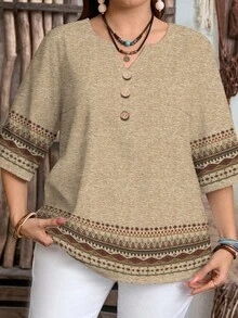 Mellowie Plus Size Women Casual Geometric Print 3/4 Sleeve Loose Blouse, Suitable For Summer Earthy Clothes Women Brown Blouses For Women Tunic Tops For Women Earthy Tops Boho Tops For Women