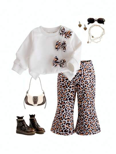 SHEIN Playful Pals Baby Girl Bow Decor Crew Neck Long Sleeve Sweatshirt And Leopard Print Flare Pants Casual Outfit
