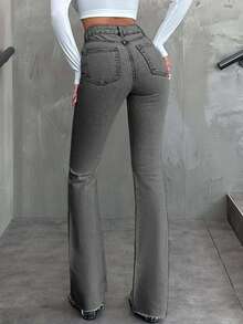 SHEIN Tall Women's High Waist Pocket Frayed Hem Casual Versatile Flare Jeans - Light Grey - View 2