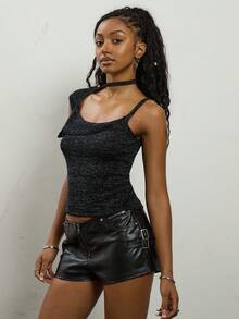 COUREZ 不对称针织吊带背心/Y2K秋冬外出派对黑色上衣新年性感 - 黑色 - 查看 5