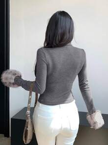 DAZY 女士豹纹拼接高领长袖基础款T恤，修身版型，秋冬Y2K风格 - 灰色 - 查看 4