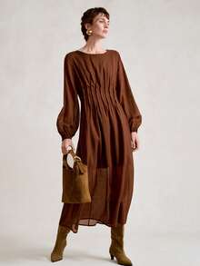 SHEIN Stylify 25+ 成熟女性仿天丝圆领插肩袖腰部褶皱 A 字长裙，纯棕色褶边浪漫波西米亚风中长裙，女士工作服，秋冬 - 棕色 - 查看 5