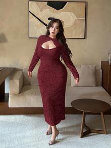 Vibekara Đầm dự tiệc xẻ tà họa tiết hoa cổ vá ren cỡ lớn dành cho nữ mùa thu/đông, thanh lịch, lãng mạn, cổ điển, gợi cảm, thích hợp mặc dự tiệc, mặc hàng ngày, Giáng sinh, đêm hẹn hò, ngày lễ tình nhân - Màu Đỏ Sâu - Xem 4