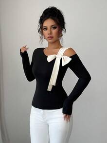 SHEIN PETITE Elegantes Tailliertes T-Shirt mit schräger Schulter und Schleifendekor, geeignet für Dates, Einkaufen, Alltagstragen, Musikfestivals und weitere Anlässe, Frühling/Herbst - Schwarz - Übersicht 6