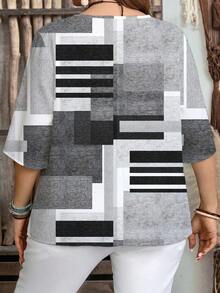 EMERY ROSE Casual Minimalist Abstract Geometric Full Print Pattern Versatile Style Plus Size Shirt, Suitable For Spring And Autumn,Flower/Summer/Vacation - Multicolor - View 2