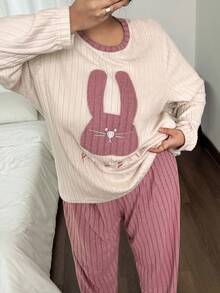 SHEIN Plus Size Fluffy Pajama Set, Knitted Ribbed Fleece Rabbit Embroidered Long Sleeve Top And Pants, Cozy Winter Clothes - Pink - View 4