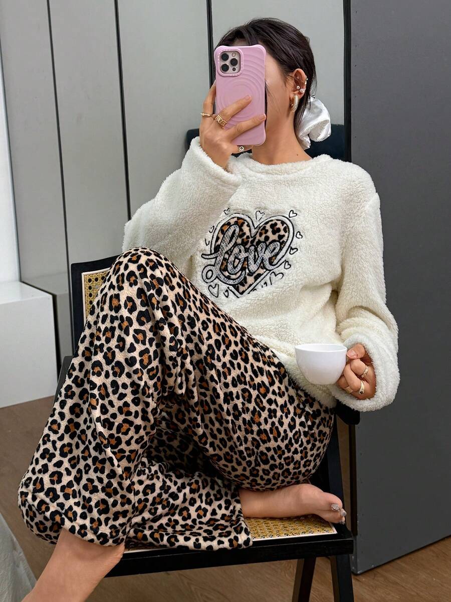 SHEIN Love Embroidered Fluffy Top And Flannel Leopard Print Pants Women Cozy Pajama Set, Winter Clothes - Black - View 1