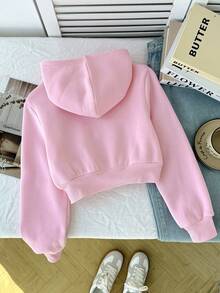 SHEIN Sudadera corta con cremallera para niña preadolescente, estilo callejero casual minimalista y cómodo para uso diario, prenda de abrigo de otoño, vuelta al cole - Rosado Sandía - Ver 2