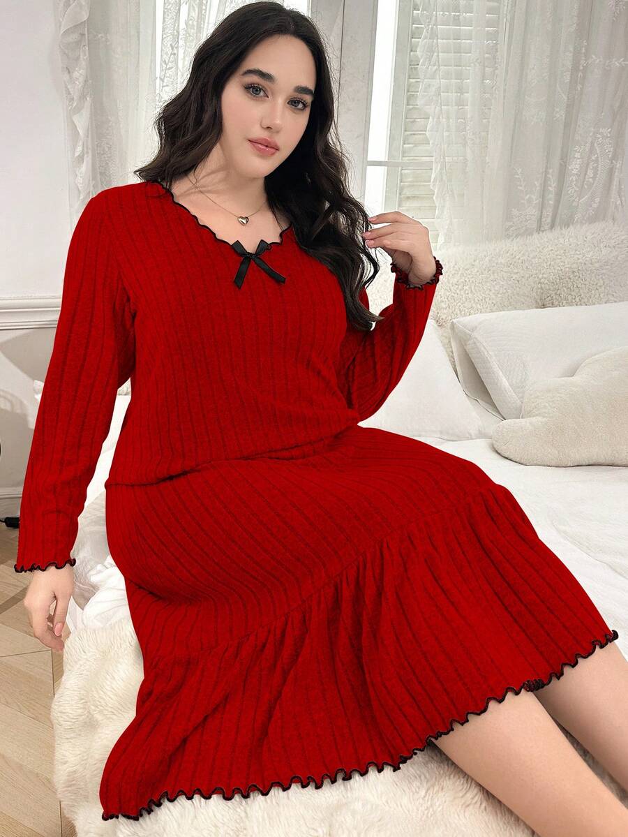 SHEIN Plus Size Comfortable Knit Nightgown With Bow Decor Collar And Ruffle Hem, Winter - Red - View 1