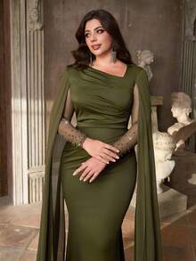 Aureia Vestido de Festa Elegante e Deslumbrante Verde com Stretch para Outono e Inverno, Tweed com Recortes em Chiffon, Gola Assimétrica Plissada, Mangas Longas, Bordado de Computador e Aplicação de Strass, Bainha Sereia com Cauda, Adequado para Jantar, Despedida de Solteira, Encontro, Festa, Feriado, Aniversário, Casamento e Evento Noturno - Verde Militar - Visão 3