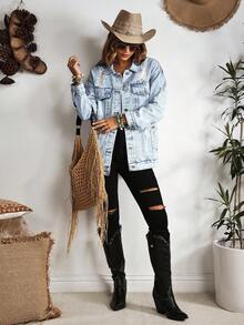 EMERY ROSE 纽扣蓝色前盖口袋落肩牛仔夹克 - 淺色水洗藍 - 查看 9