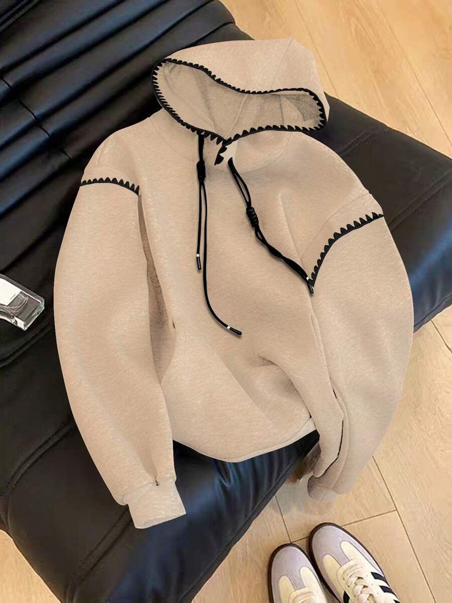 GlowEve 女式休闲抽绳连帽花卉装饰运动衫，秋冬 - 卡其色 - 查看 1