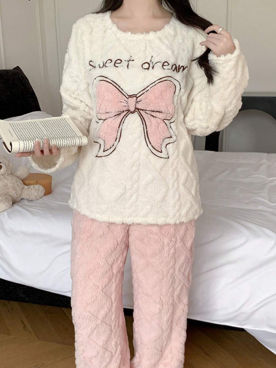 SHEIN Set de pijama casual de 2 piezas con top de cuello redondo de manga larga y pantalones, con aplicación de lazo reversible y bordado para adolescentes