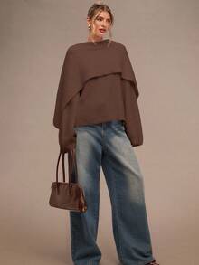 SHEIN BAE 女士秋冬时尚设计简约纯色斗篷二合一套头衫 - 咖啡棕 - 查看 5