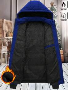 Manfinity Homme 男士保暖休闲日常通勤纯色抽绳连帽拉链保暖长袖羽绒服，秋冬男士保暖外套，男士羽绒服 - 藍色 - 查看 7
