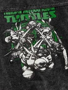 ROMWE MEN TEENAGE MUTANT NINJA TURTLES X ROMWE 男式休闲时尚街头卡通乌龟与标语印花撞色条纹侧毛边翻盖口袋水洗牛仔夹克 - 黑色 - 查看 6
