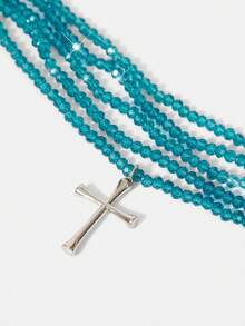 Y2Kool 1pc 5-Layer Cross Necklace With Glass Crystal Suitable For Daily Wear, Unisex - Red - View 4