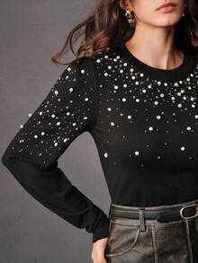 Anewsta French Elegant Pearl Embellished Crew Neck Sweater - Black - View 1