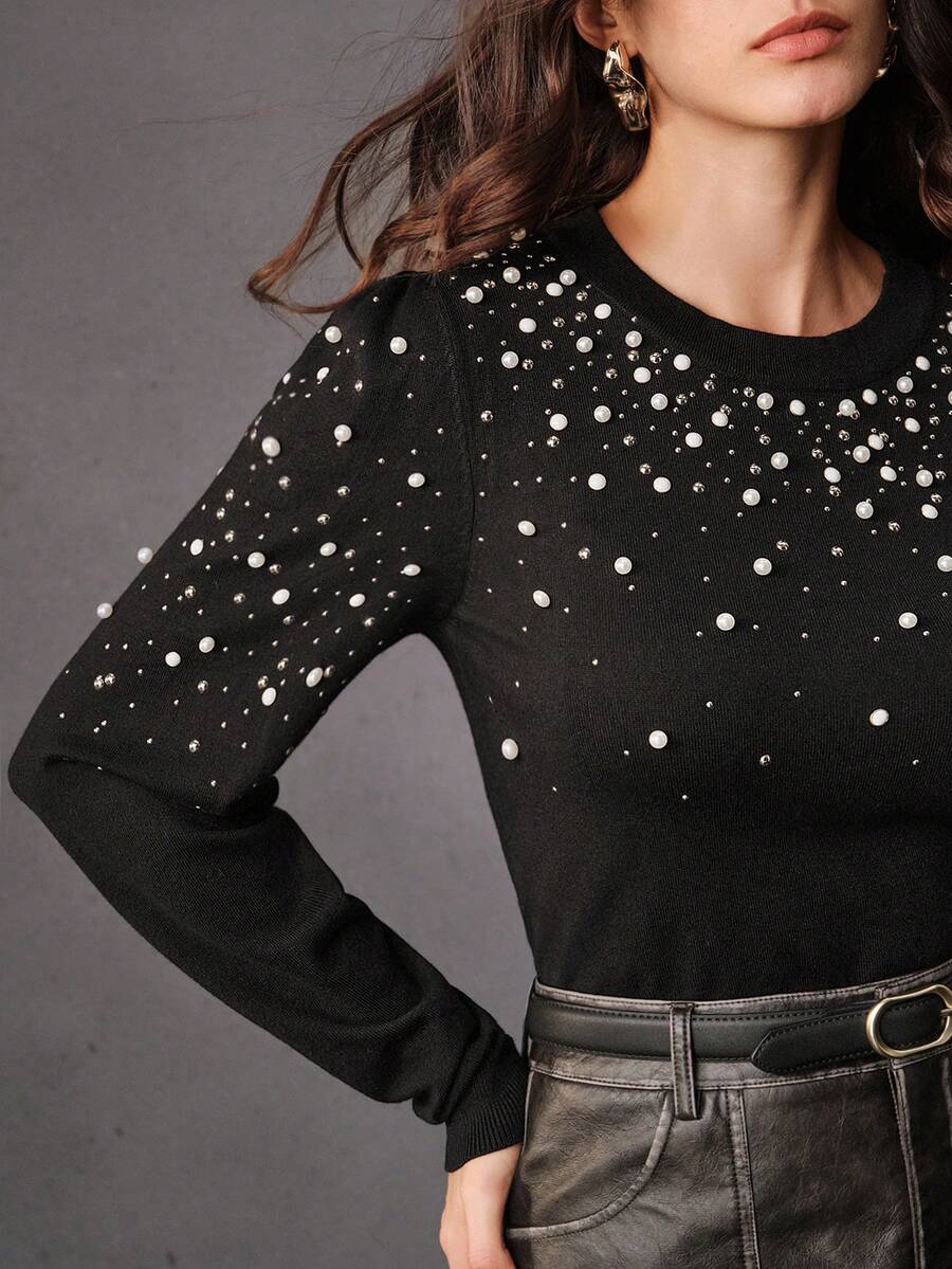 Anewsta French Elegant Pearl Embellished Crew Neck Sweater - Black - View 1