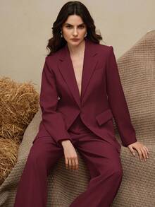 Anewsta 2 件套女士西装套装，复古风格西装外套 + 直筒裤，美拉德色 - 酒紅色 - 查看 6