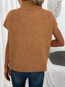SHEIN LUNE Women's Casual Solid Color Turtleneck Knit Sweater, Autumn/Winter - Chocolate Brown - View 2