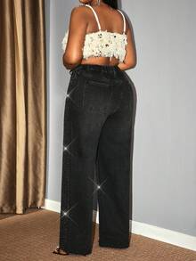 Hourglow 大码时尚水钻装饰高腰牛仔裤 - 黑色 - 查看 2