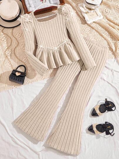 Set 2 buc. fete, elegant, tricotat cu mărgele, cu mâneci bufante și pantaloni simpli tricotați, ținută casual, toamnă/iarnă