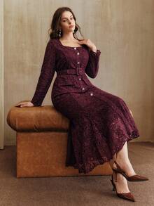 Anewsta Valentine Plus Size Purple Formal Banquet Elegant Square Neck Lace Rhinestone Belt Long Sleeve Dress - Purple - View 1