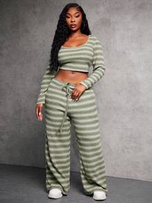 SHEIN SXY 2pcs/Set Plus Size Women Green Striped Crew Neck Tight T-Shirt And Striped Pants, Autumn/Winter - Multicolor - View 6