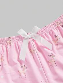 ROMWE Kawaii Conjunto de pijama de camiseta de tirantes y pantalones cortos con encaje y diseño de ciervos lindos y dulces - Albaricoque - Ver 7
