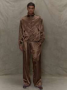 Musero Straight Leg Elasticated Drawstring Waistband Satin Trousers Pants SPRING SUMMER Tracksuit Bottoms Only Streetstyle - Coffee Brown - View 1