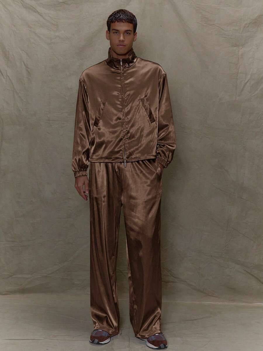 Musero Straight Leg Elasticated Drawstring Waistband Satin Trousers Pants SPRING SUMMER Tracksuit Bottoms Only Streetstyle - Coffee Brown - View 1