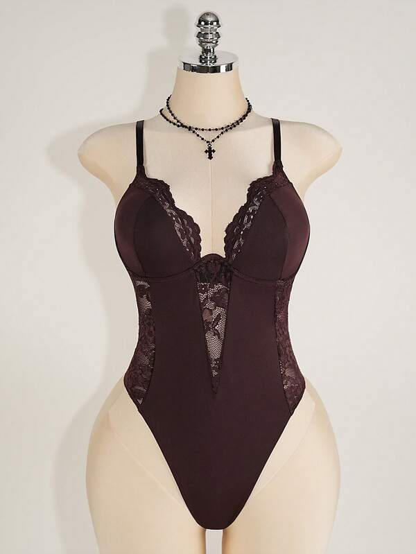 SHEIN ICON Plus Size Y2K Spring Carnival Outfit Lace Patchwork Bodycon Camisole Backless High Waist Women Bodysuit