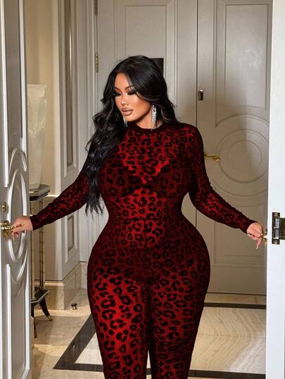 NU&NOW 大码时尚性感豹纹连体裤