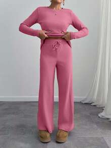 EURMUSE Solid Color Knit Top And Pants Set, Casual For Autumn/Winter - Pink - View 6