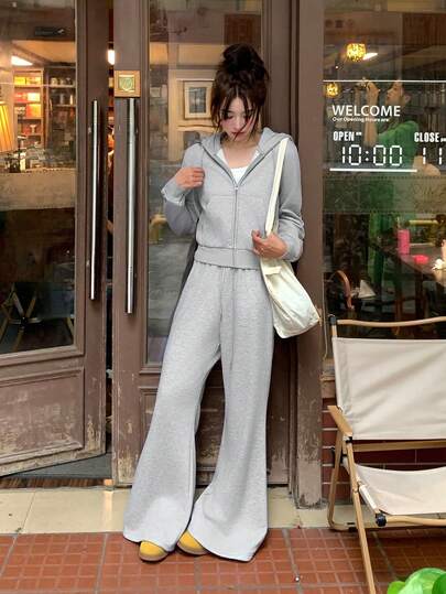 DAZY 2件套女士休闲纯色连帽卫衣和宽松运动裤套装