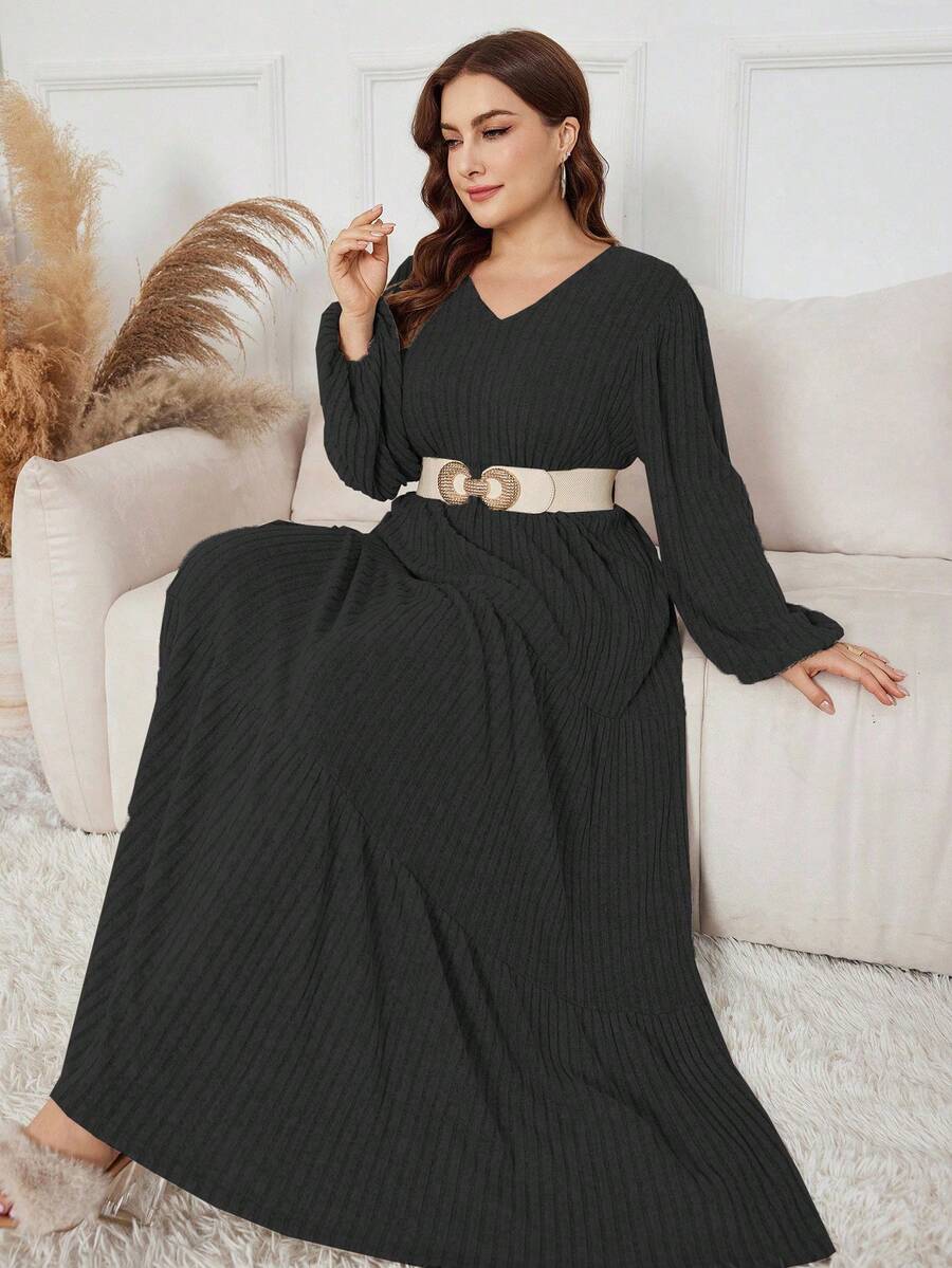 Lacomfia 针织罗纹羊毛休闲舒适百搭宽松长袖加大码连衣裙 - 黑色 - 查看 1