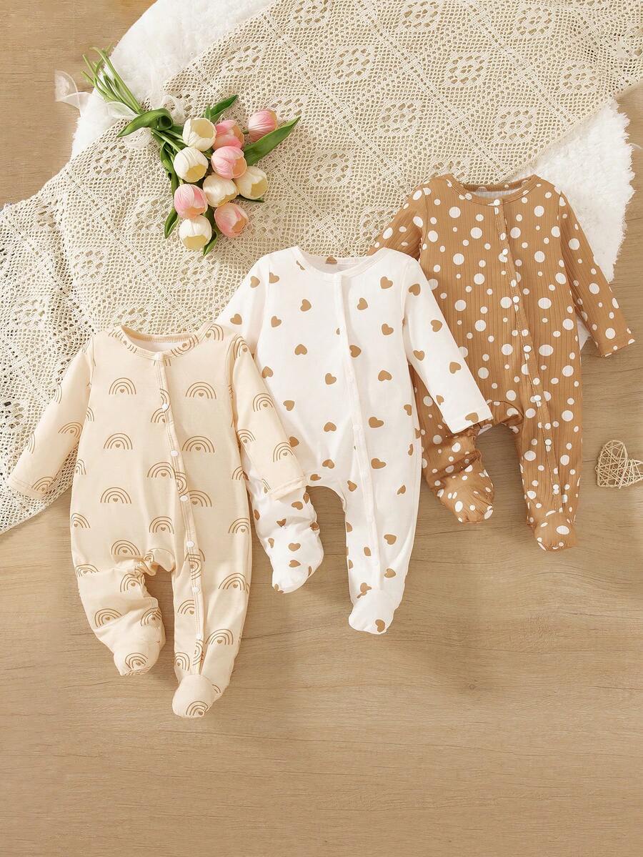 SHEIN Playful Pals Heart Print Newborn Baby Jumpsuit, Rainbow Khaki Jumpsuit