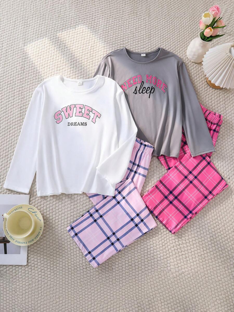 SHEIN 4 件套女童字母印花长袖上衣 + 格子裤休闲家居服套装 - 彩色 - 查看 1